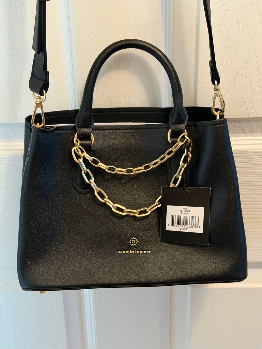 Nanette Lepore Black Leather Satchel with Gold Chain Detail